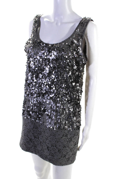 Esley Women's Sequin Lace Trim Sleeveless Scoop Neck Shift Dress Gray Size M