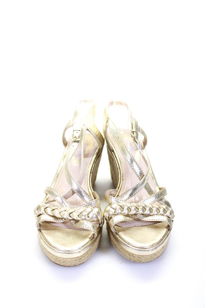 Elie Tahari Women's Leather Peep Toe Strappy Braded Wedge Sandals Gold Size 6