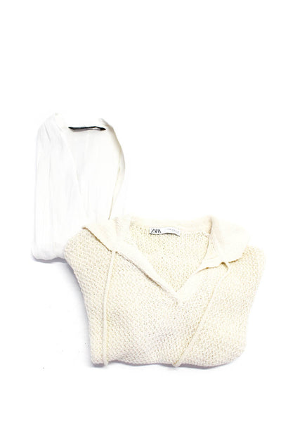 Zara Womens Thin Knit Collared 3/4 Sleeved Sweater Top Cream Size S M Lot 2