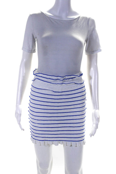 Caroline Constas Womens Striped Ruffled Stretch Short Skirt White Blue Size S