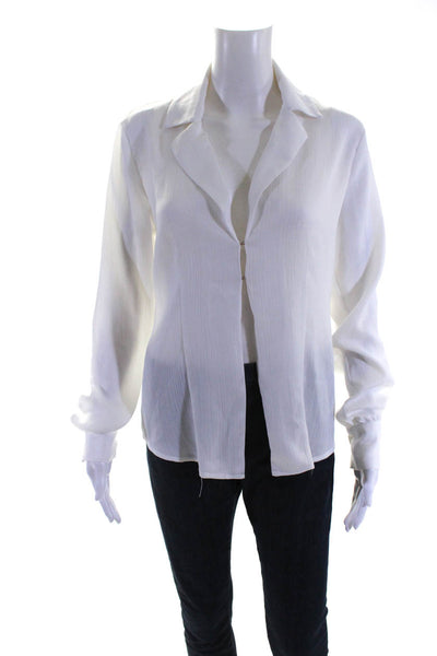 Meshki Womens Long Sleeve Plisse Collared Cardigan Blouse White Size Small