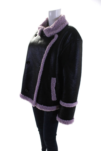 Stand Studio Womens Faux Shearling Double Breasted Coat Black Purple Size IT 42