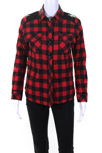 Generation Love Womens Cotton Check Print Patchwork Mesh Button Top Red Size XS