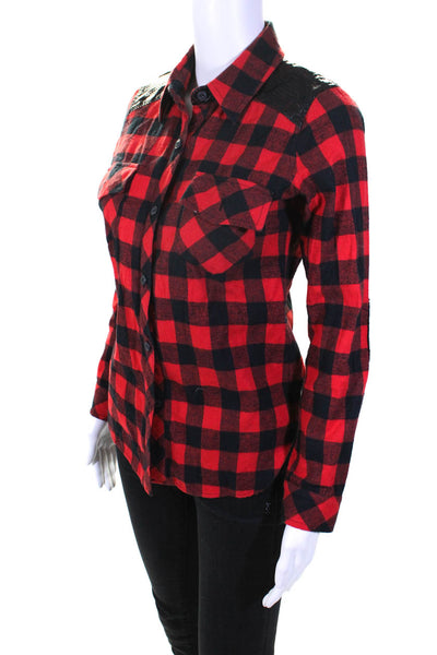 Generation Love Womens Cotton Check Print Patchwork Mesh Button Top Red Size XS