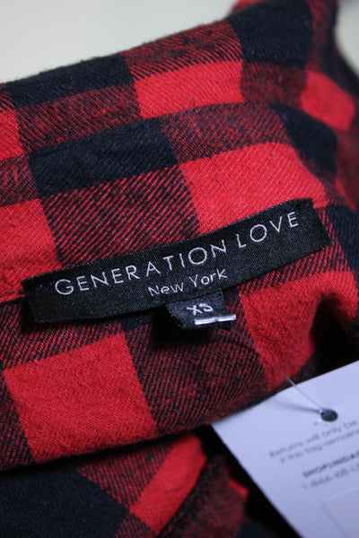 Generation Love Womens Cotton Check Print Patchwork Mesh Button Top Red Size XS