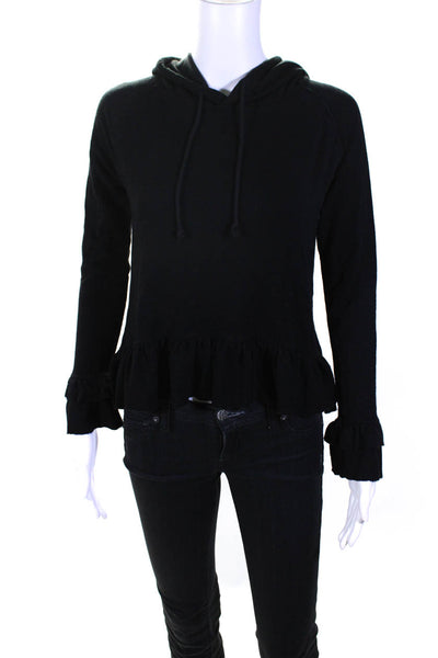 Generation Love Womens Drawstring Hooded Ruffled Hem Blouse Black Size S