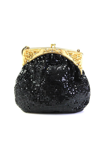 Whiting And Davis Womens Embroidered Sequined Jeweled Clasp Clutch Handbag Black