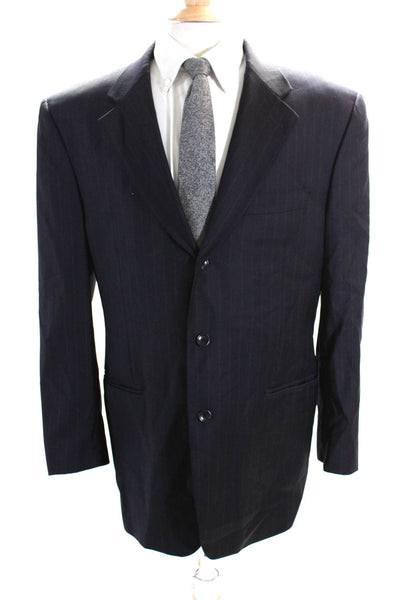 Angelico Mens Three Button Notched Lapel Pinstriped Blazer Jacket Navy Blue 42L