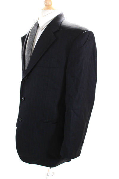 Angelico Mens Three Button Notched Lapel Pinstriped Blazer Jacket Navy Blue 42L