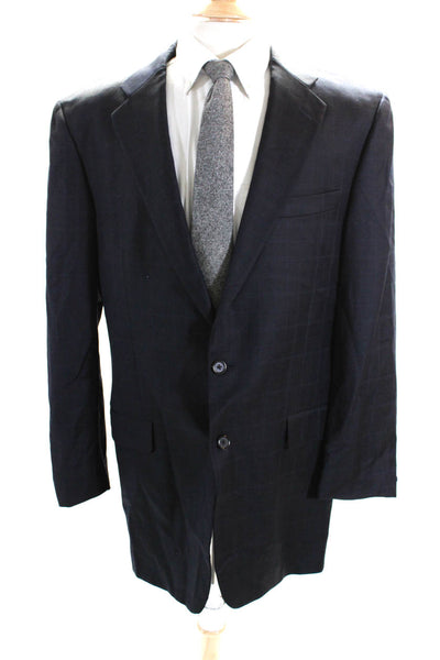 Hickey Freeman Mens Two Button Plaid Blazer Jacket Blue Wool Size 42L