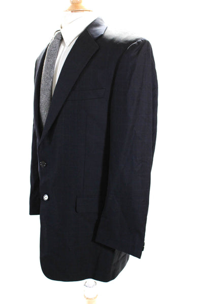 Hickey Freeman Mens Two Button Plaid Blazer Jacket Blue Wool Size 42L