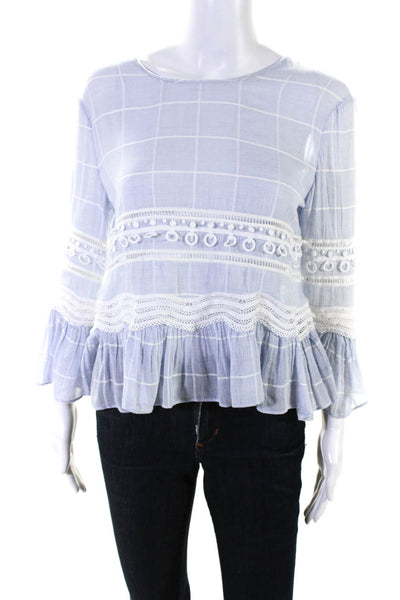 Jonathan Simkhai Womens Blue Cotton Checker Long Sleeve Blouse Top Size S