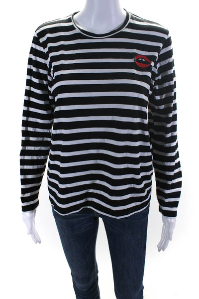 Markus Lupfer Womens Black Striped Applique Crew Neck Long Sleeve Top Size S