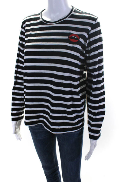 Markus Lupfer Womens Black Striped Applique Crew Neck Long Sleeve Top Size S