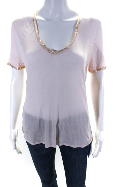 Zadig & Voltaire Womens V Neck Short Sleeves Tee Shirt Pink Gold Size Medium