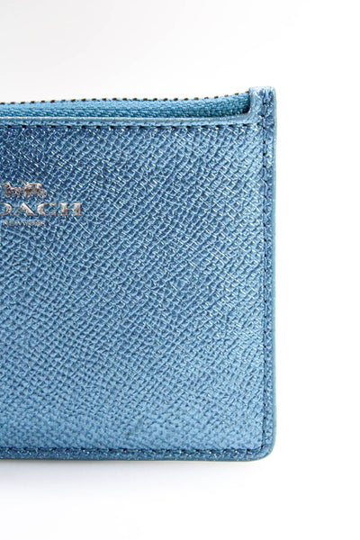 Coach Metallic Glitter Leather Zip Keychain Card Holder Wallet Blue