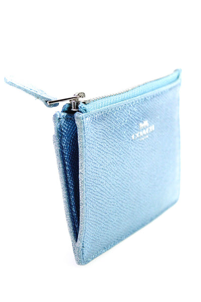Coach Metallic Glitter Leather Zip Keychain Card Holder Wallet Blue
