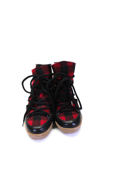 Isabel Marant Womens Lace Up Buffalo Plaid Sneakers Black Red Leather Wool 37