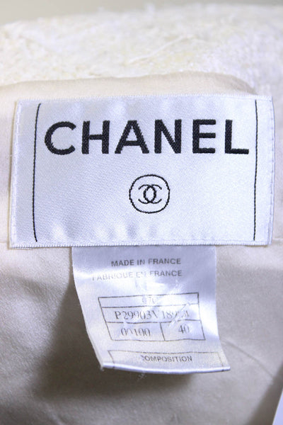 Chanel Womens 07C Boucle Tweed Fringe CC Button Jacket Ivory Size FR 40