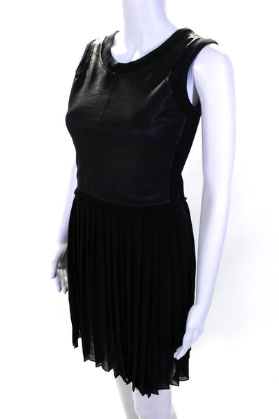BCBGMAXAZRIA Womens Faux Leather Box Pleated Hem Mini Sheath Dress Black XS