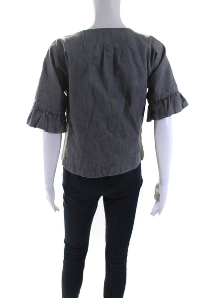 Manoush Womens One Button Ruffled Round Neck Half Sleeved Jacket Gray Size 6