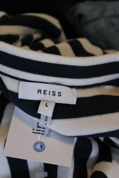 Reiss Men's Cotton Blend Striped Crewneck Pullover Sweater White Navy Size L