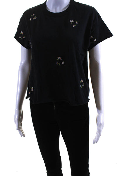 The Great Womens Short Sleeve Crew Neck Floral Embroidered Shirt Black Size 0