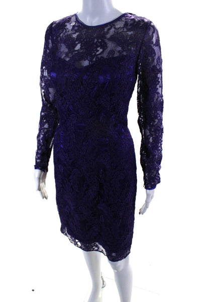 Carmen Marc Valvo Womens Floral Lace Long Sleeved Pencil Dress Purple Size 6