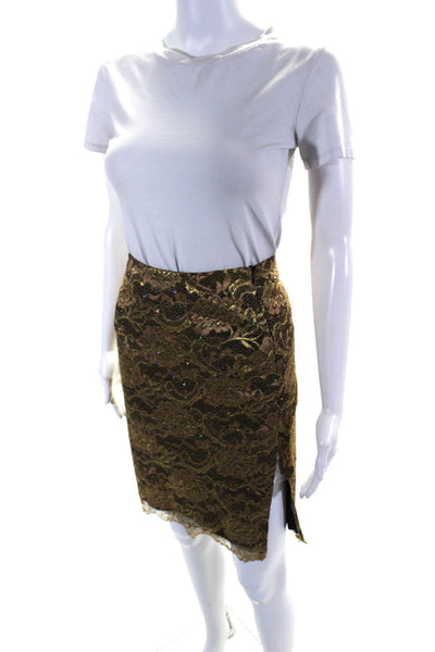 Trina Turk Womens Lace Front Slit Pencil Skirt Brown Gold Size 2