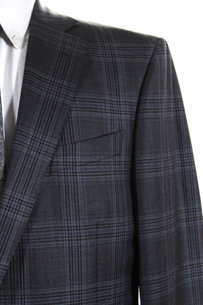 Trussini Mens Wool Plaid Notch Collar Two Button Suit Jacket Gray Size 54