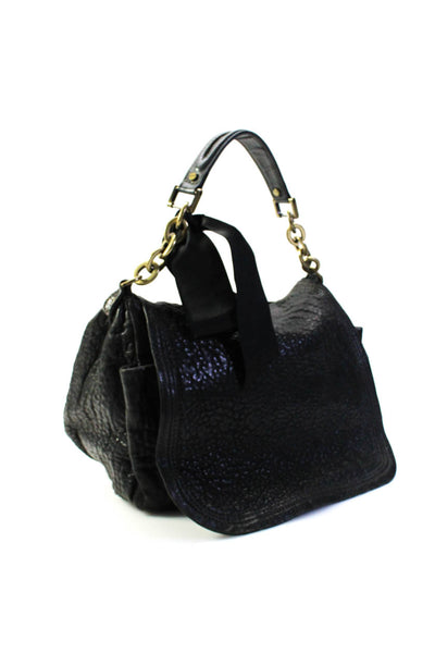 Lanvin Womens Leather Textured Chain Strap Foldover Top Handle Bag Black