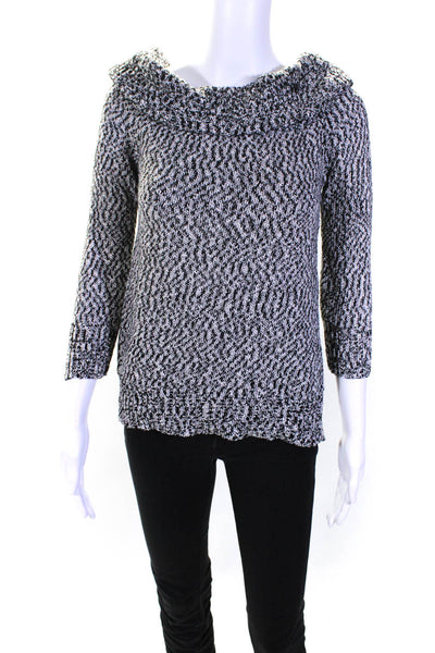 Roi Womens Black White Textured Off Shoulder Pullover Sweater Top Size S