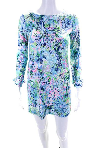 Lily Pulitzer Girls Floral Round Neck Ruffled Long Sleeve Dress Blue Size XL