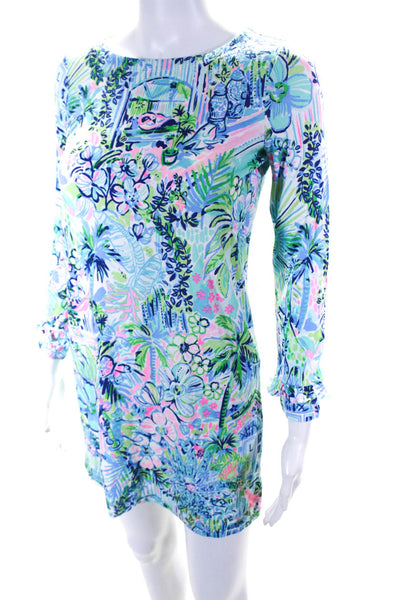 Lily Pulitzer Girls Floral Round Neck Ruffled Long Sleeve Dress Blue Size XL