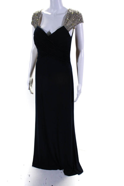 JS Boutique Womens Jersey Ruched V-Neck Beaded Sleeve Gown Dress Navy Size 6