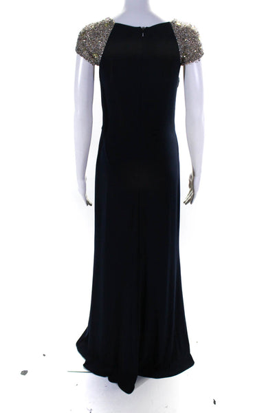 JS Boutique Womens Jersey Ruched V-Neck Beaded Sleeve Gown Dress Navy Size 6