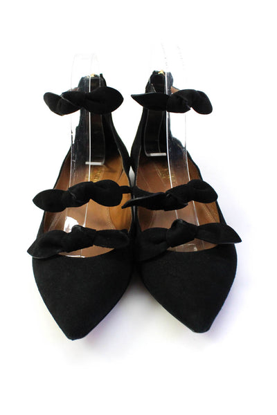 Aquazzura Womens Black Suede Leather Embellished Bow Ankle Strap Shoes Size 6.5