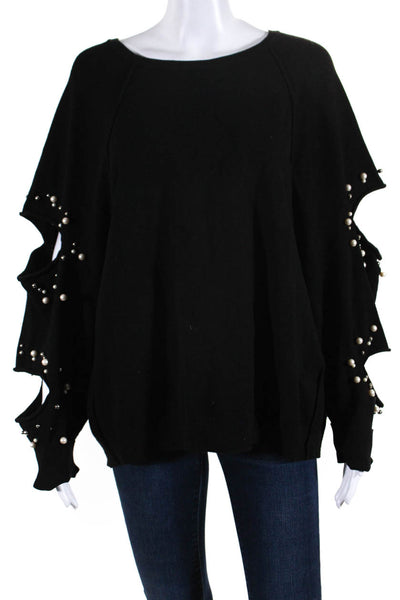 Zara Knit Womens Faux Pearl Cutout Sleeve Crew Neck Sweater Black Size Medium