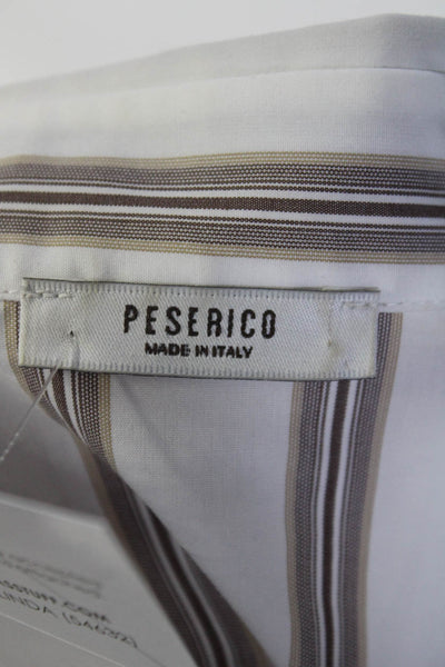 Peserico Womens Button Front Collared 3/4 Sleeve Striped Shirt White Brown IT 46
