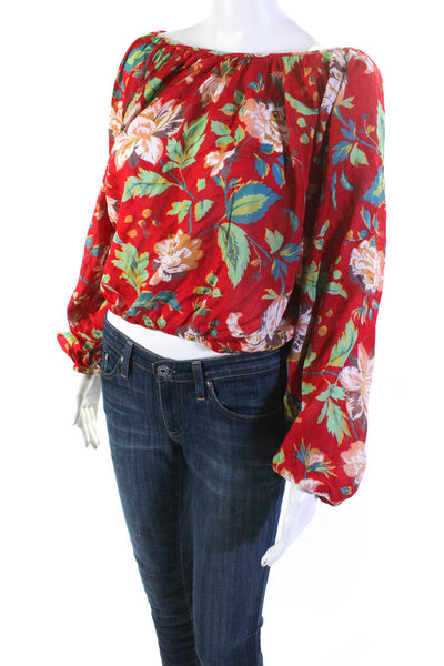 Maeve Anthropologie Womens Cotton Floral Print Long Sleeve Blouse Top Red Size S