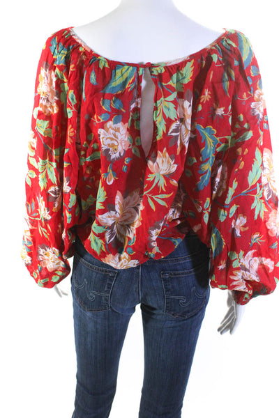 Maeve Anthropologie Womens Cotton Floral Print Long Sleeve Blouse Top Red Size S