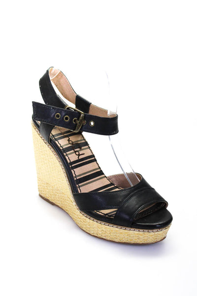 Splendid Womens Wedge Heel Platform Ankle Strap Sandals Black Leather Size 7.5M