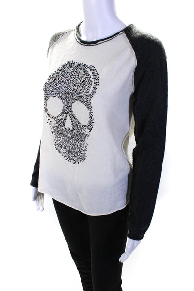 27 Miles Womens White Gray Cashmere Skull Print Pullover Sweater Top Size S