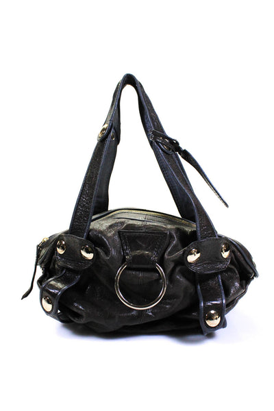 Gussto Womens Leather Gold Tone Satchel Shoulder Handbag Gray