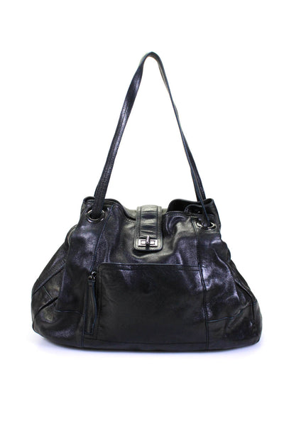 Olivia Harris Womens Leather Flap Twist Lock Closure Shoulder Handbag Black