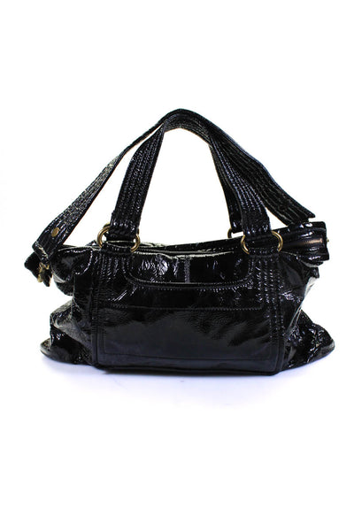 Kooba Womens Patent Leather Double Strap Gold Tone Shoulder Handbag Black