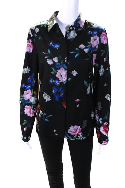 Ted Baker London Womens Silk Floral Print Split Hem Button Up Top Black Size 1