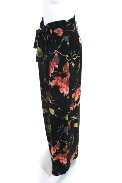 BCBGMAXAZRIA Womens Black Multicolor Floral High Rise Belt Wide Leg Pants Size S