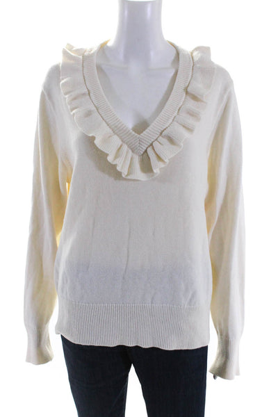 J Crew Womens Cotton Knit Ruffled V-Neck Long Sleeve Sweater Top White Size XL