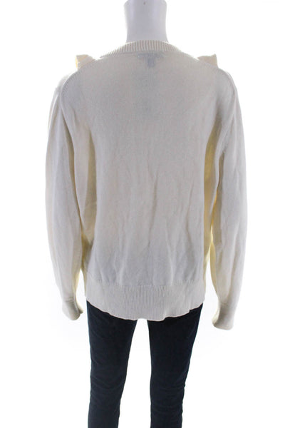 J Crew Womens Cotton Knit Ruffled V-Neck Long Sleeve Sweater Top White Size XL